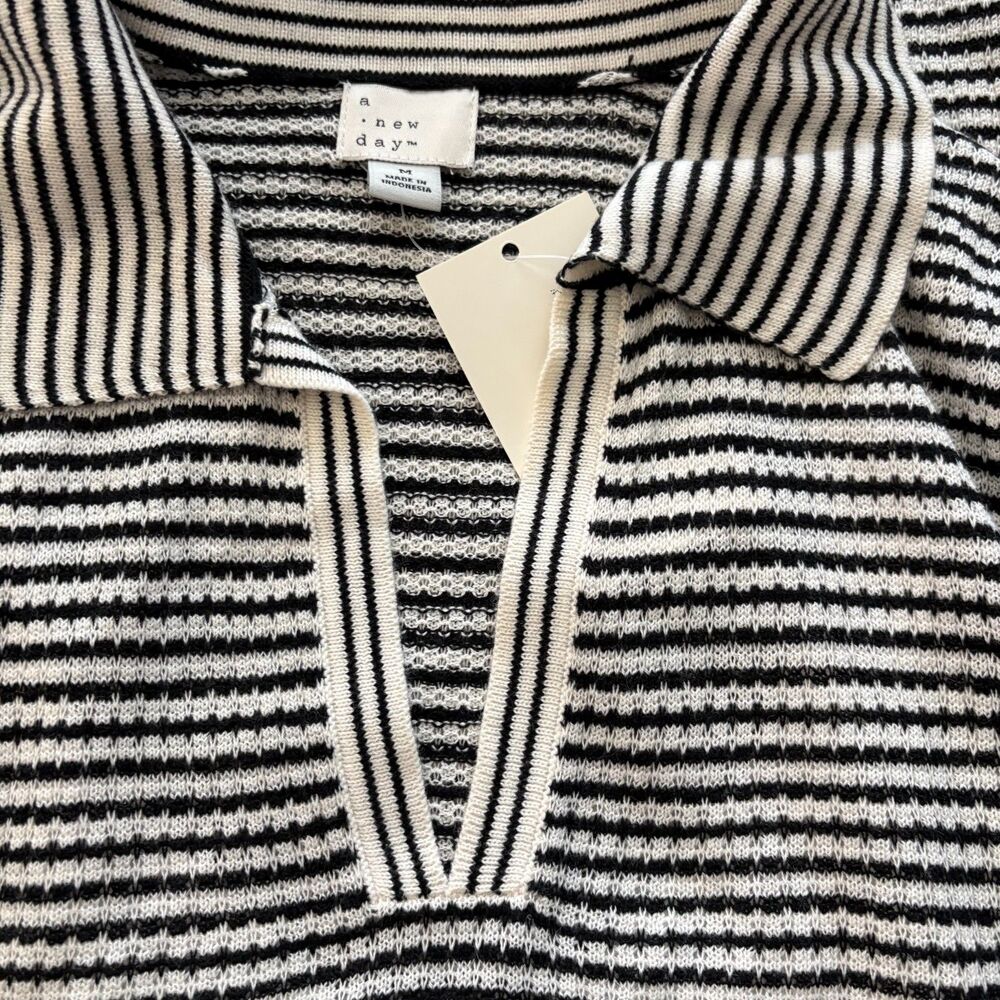 A New Day Black White Striped Maxi Dress Collared V Neck Long Sleeve Lined Sz M - Picture 7 of 9